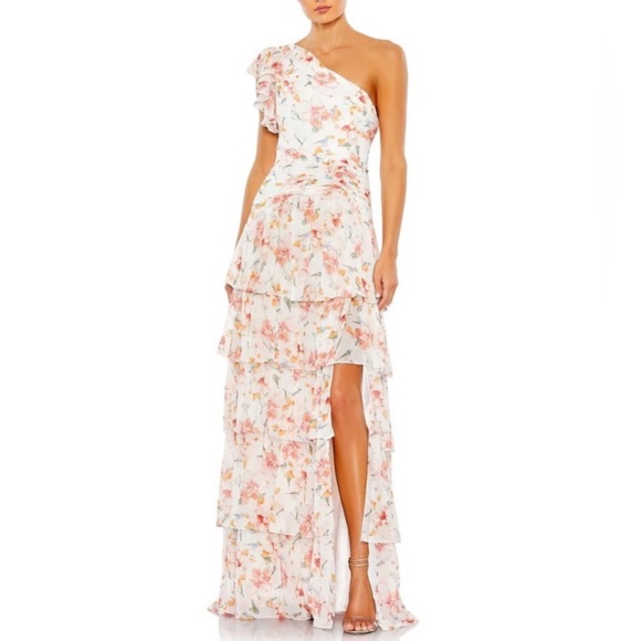 # MAC DUGGAL White Multi Floral Print Ruffle Tiered One Shoulder Gown - Reemoly